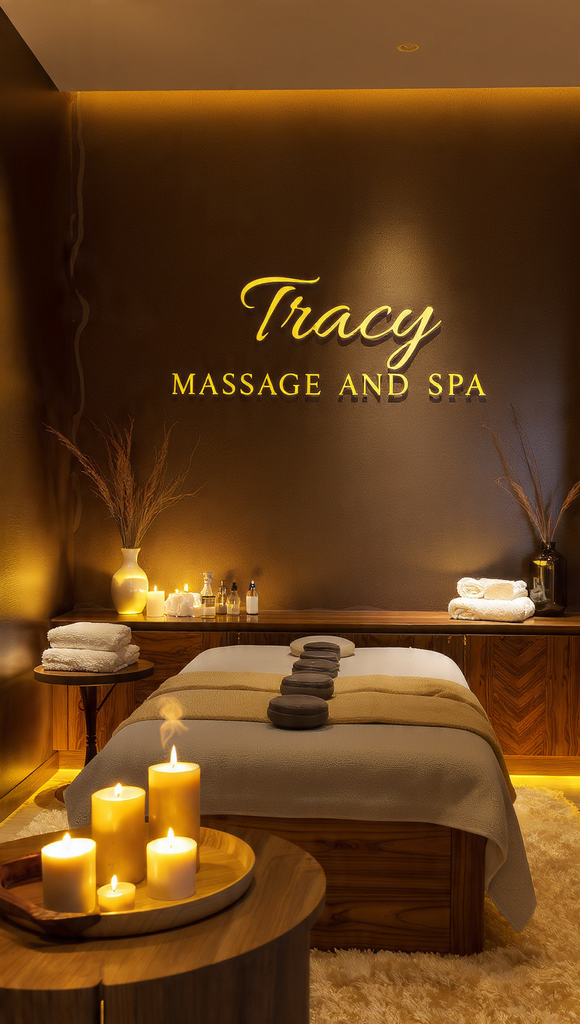 Candlelit treatment room with hot stones